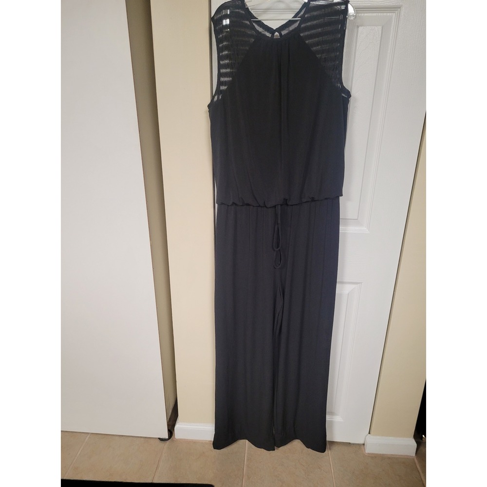 Black Mesh Shoulder Drawstring Waist Palazzo Wide Leg Jumpsuit Womens Size‎ L